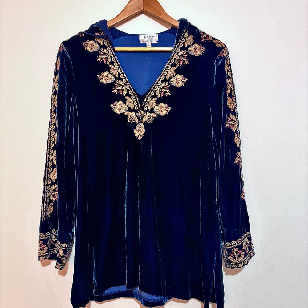 RARE Johnny Was Jade Silk Blend Velvet Embroidered Tunic Women’s M Dark Blue
